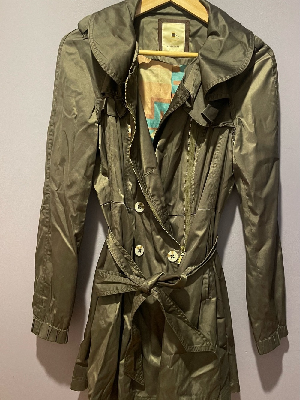 Vintage Anthro elevenses Olive Green Trench Coat with Belt